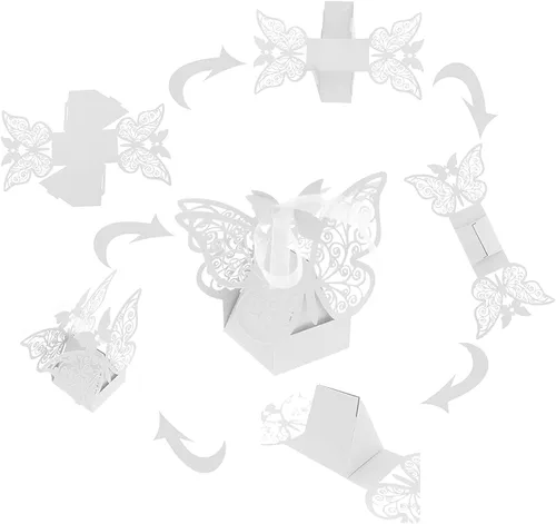 Vista 3 de Auto-plaza 50 cajas de regalo de mariposa cortadas con láser, cajas de dulces con cintas (beige)