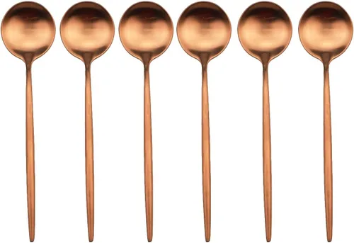 Vista 6 de Cuchara moderna con manchas de cobre, 6 piezas de acero inoxidable 304 color oro rosa mate, cuchara de postre de 7.2 pulgadas, vajilla