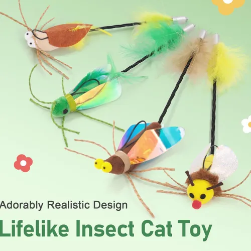 Vista 2 de SONGWAY Varita de juguete para gatos – Juguete de varita de gato con 4 piezas de repuesto de juguete de plumas de insecto, juguetes interactivos