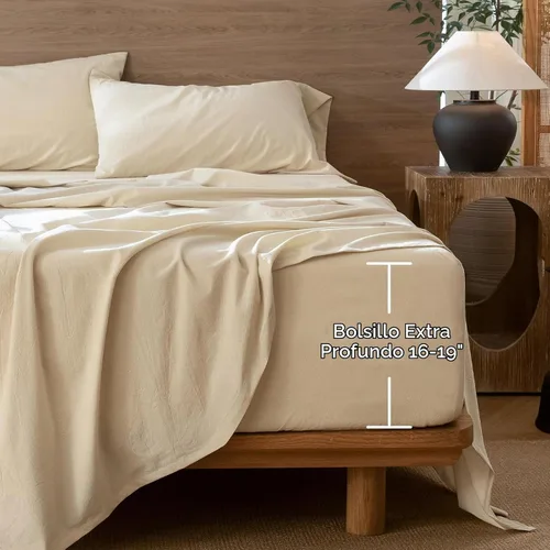 Vista 3 de MooMee Sábana bajera ajustable de solo 100% algodón lavado con textura parecida al lino, transpirable, duradera, suave, cómoda, bolsillo profundo