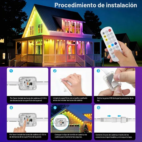 Vista 5 de Luces inteligentes permanentes para exteriores de 148 pies, control de aplicación WiFi, 54 LED IP67, impermeable, iluminación de alero que cambia