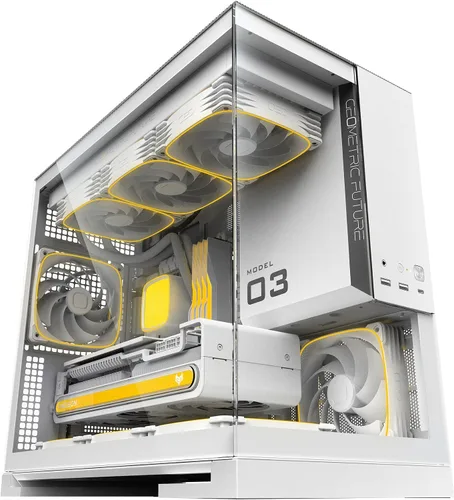 Vista 18 de Geometric Future M5 de vidrio templado semitorre, chasis de juego E-ATX/ATX, acero de 1.2mm, Tipo C, paneles sin herramientas, soporte para radiador