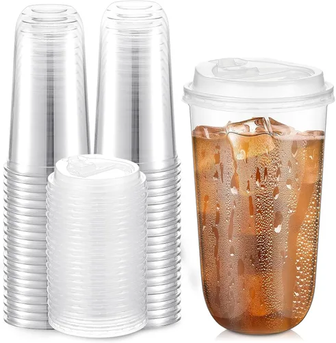 Vista 18 de Baderke Juego de 25 vasos de plástico transparente de 14 onzas con tapas, tazas de café helado resistentes con tapas, vasos de plástico desechables