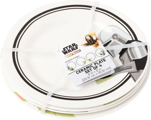 Vista 2 de Silver Buffalo Star Wars The Mandalorian and The Child Baby Yoda Grogu - Juego de 4 platos de cerámica con borde de 8 pulgadas El mandaloriano