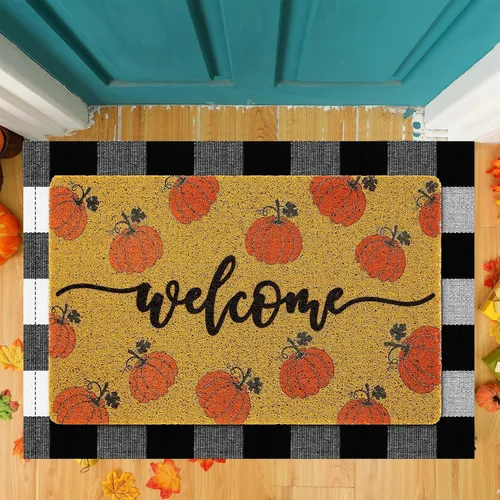 Vista 2 de Fabbay 2 tapetes de calabaza de otoño para puerta de Acción de Gracias, otoño, bienvenida, al aire libre, felpudo de calabaza en capas, alfombra a