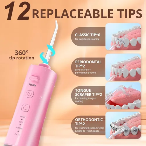 Vista 2 de Paquete de 2 irrigadores dentales de agua para dientes, portátil inalámbrico para parejas, hilo dental de agua de viaje con 3 modos y 12 puntas