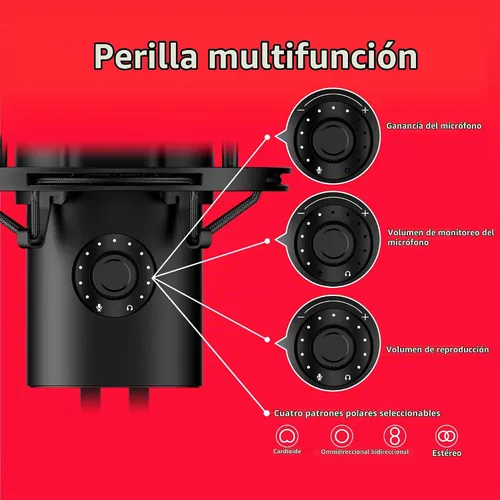 Vista 4 de HyperX QuadCast 2 - Micrófono USB para juegos, transmisión y podcasting, con controles integrados, iluminación LED, soporte de choque extraíble, PC