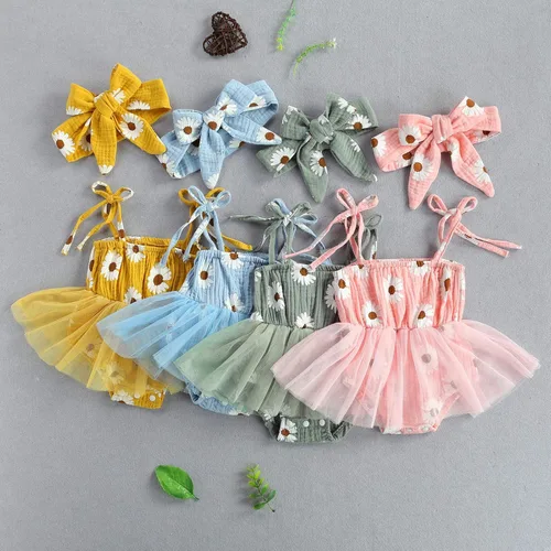 Vista 2 de Bebé recién nacido niña floral mameluco vestido de verano correas margaritas flores gasa tutú falda mono con diadema