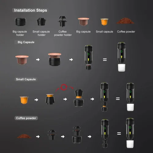 Vista 4 de Cafetera portátil de viaje, máquina de café a pilas, máquina de café espresso de una sola porción para campamento, automóvil, RV, senderismo