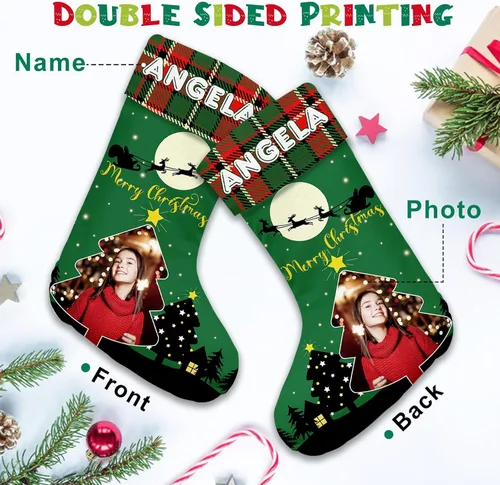 Vista 4 de Calcetines de Navidad personalizados, regalos de adorno de Navidad, carga tu imagen, crea medias para familia, niños, amantes, amigos, hogar