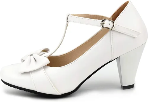Vista 2 de Women Bow Vintage Shoes Block Black High Heels Mary Janes Closed Toe T-Strap Pumps Comfort Rockabilly Shoes