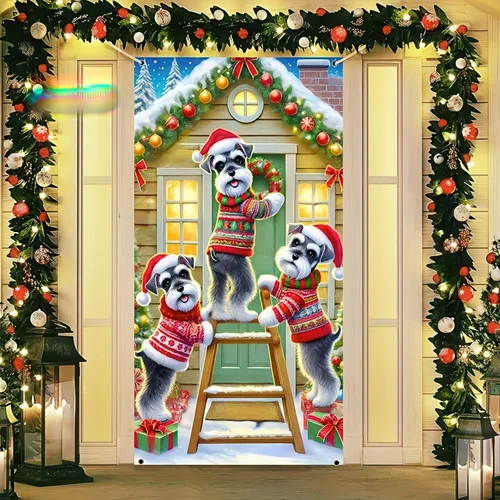 Vista 2 de Cartel de porche con decoración de cachorro de Navidad, trío festivo, Schnauzers en suéteres navideños, perfecto para interiores y exteriores
