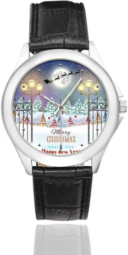 Vista 2 de InterestPrint Christmas Snowman Snowflake Tree - Reloj de pulsera de acero inoxidable para mujer, color negro
