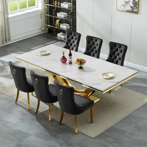 Vista 48 de SSLine Juego de mesa de comedor de mármol sintético blanco de 68 pulgadas