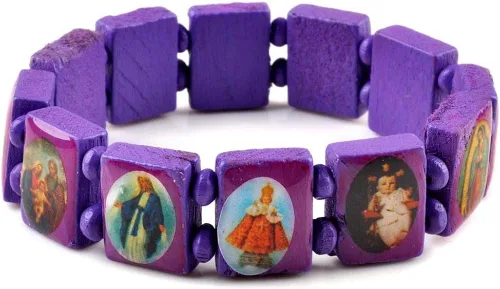 Vista 8 de yantu Pulsera elástica de panel pequeño de madera extraíble con imágenes de santos religiosos, Jesús y rosario, Madera