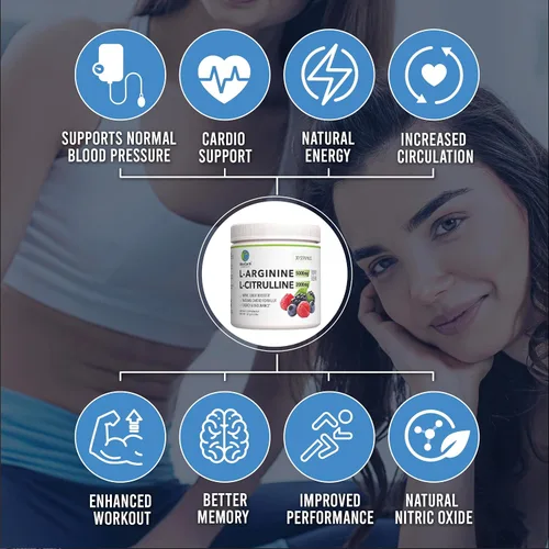 Vista 4 de L-Arginina 5000mg + L-Citrulina 2000mg Complejo Suplemento en polvo - Refuerzo de óxido nítrico - Salud cardíaca, flujo sanguíneo, energía