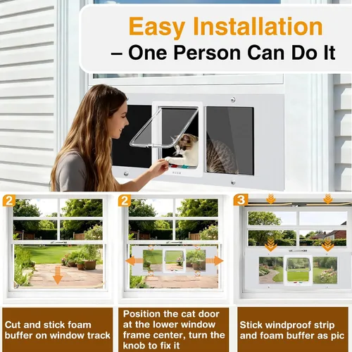 Vista 6 de Cat Door for Window,H 13.3" Adjustable Width 28-33”, Window Pet Door Insert for Cat& Small Dog with 4 Locking Modes, Quick-Fit Clear Cat Window Door