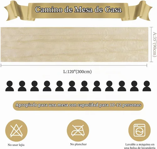 Vista 3 de Camino de mesa de gasa beige de 10 pies, camino de mesa de gasa boho, rústico, transparente, de 35x120 pulgadas de largo, para decoración de mesa