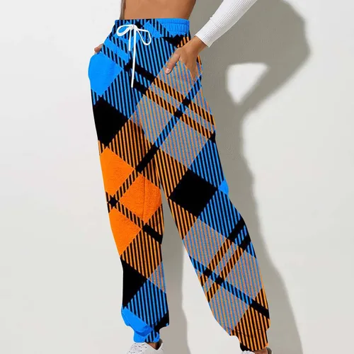 Vista 2 de Pantalones deportivos con estampado a cuadros para mujer, pantalones deportivos de cintura alta, holgados, de pierna ancha, pantalones deportivos
