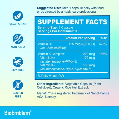 Vista 5 de BioEmblem Cápsulas de vitamina D3 K2 (5000IU y 200 mcg) – MK7 y MK4 patentadas para apoyo complejo 3 en 1 – Suplemento vegetariano de vitamina D K2