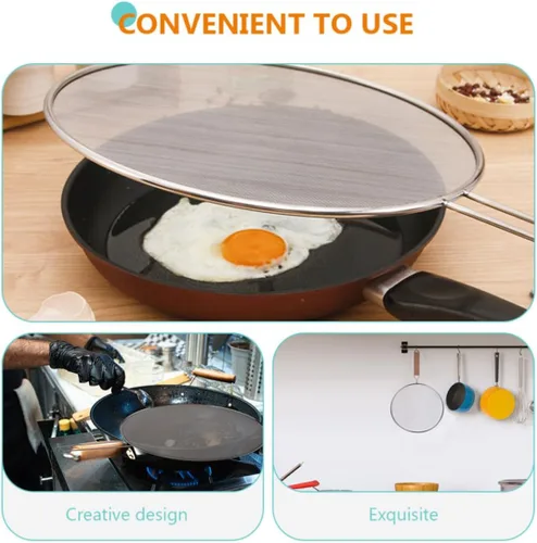 Vista 3 de 3pcs Splatter Screen Stainless Steel Pan Oil Guard with Long Handle
