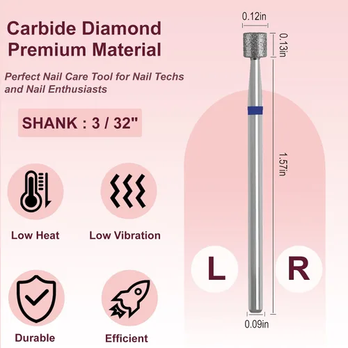 Vista 2 de Broca de uñas de diamante de 3/32 pulgadas, broca profesional de forma cilíndrica plana para uñas de gel acrílico, manicura seca, pedicura