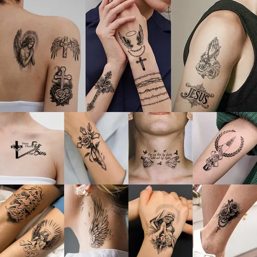 Vista 6 de 77 hojas de tatuajes temporales cristianos para mujeres y hombres, 17 hojas de tatuajes religiosos de media manga con cruz de Jesús, Dios y ángeles