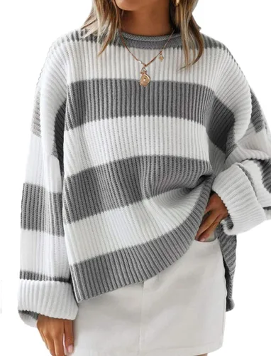 Vista 57 de ZESICA Suéter tejido sin botones de manga larga y cuello redondo, a rayas, bloques de color, cómodo, holgado, talla extragrande para mujer de 2024