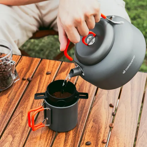 Vista 5 de Odoland Cafetera de camping Cafeteras de camping, hervidor de camping de 1.2 L con taza de camping y filtro de café de campamento de utensilios