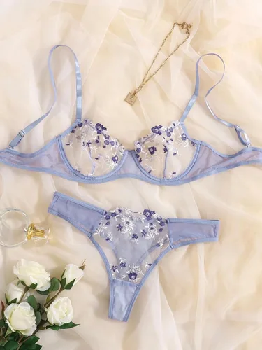 Vista 6 de Lilosy Conjunto de lencería sexy floral bordado de malla con aros