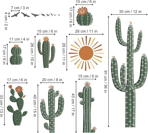 Vista 4 de wondever Calcomanías de pared de cactus bohemios, plantas verdes de cactus tropicales, calcomanías de arte de pared para sala de estar, dormitorio