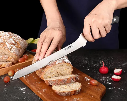 Vista 3 de Cuchillo de pan dentado de 10 pulgadas, hoja de acero inoxidable de alta calidad con borde ondulado, mango de espiga completa, afilado para pan