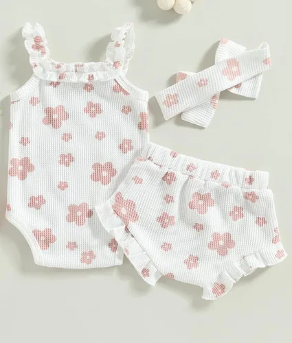 Vista 3 de Conjunto de ropa de verano para bebé recién nacida, conjunto de ropa de verano con estampado floral, mameluco con cordón y diadema corta