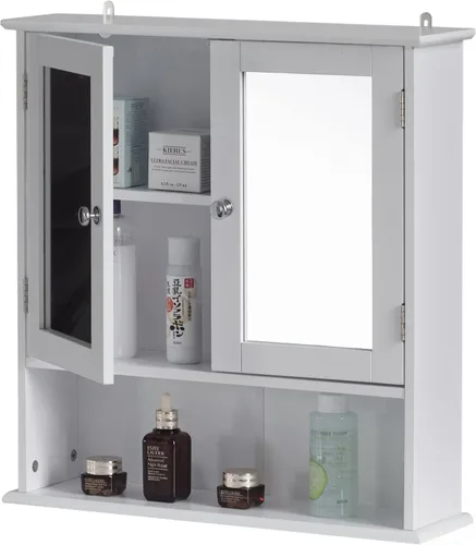 Vista 7 de Basicwise Espejo gris montado en la pared baño y tocador con estantes ajustables, gris, (QI004020.GY)