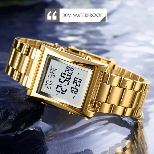 Vista 6 de RNONDRY Reloj digital para hombre y mujer, reloj rectangular de acero inoxidable para hombres, reloj de pulsera impermeable