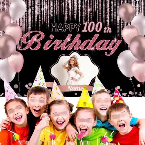 Vista 5 de Cartel de decoración de feliz cumpleaños número 100 de oro rosa, tamaño grande, personalización con nombre y foto compatible
