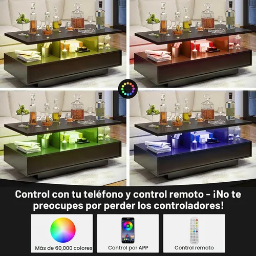 Vista 4 de LAUSAINT HOME Mesa de centro con almacenamiento, mesas de centro LED de 2 niveles para sala de estar con aplicación y control remoto, mesa de centro