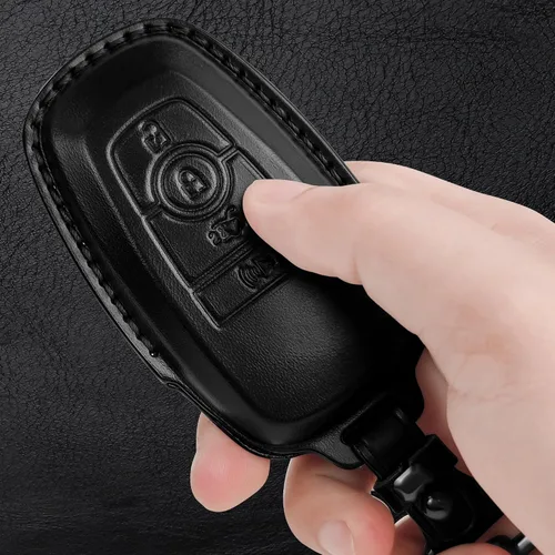 Vista 5 de Tukellen Funda de cuero para llavero de Ford con llavero compatible con Ford Explorer Mustang Fusion Escape F150 F250 F350 F450 F550 Edge-Negro