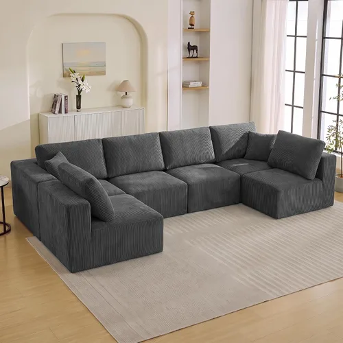 Vista 12 de WUTUTUEE Sofá modular en forma de U de 115 pulgadas, sofá modular modular de 3 plazas con 2 otomanas móviles, sofá cama convertible de pana con Beige