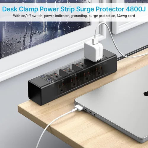 Vista 7 de CCCEI Estación de Enchufes de Escritorio Puerto USB C de 20W. Regleta de Enchufes con Abrazadera de Escritorio de 12 Tomas Protector contra