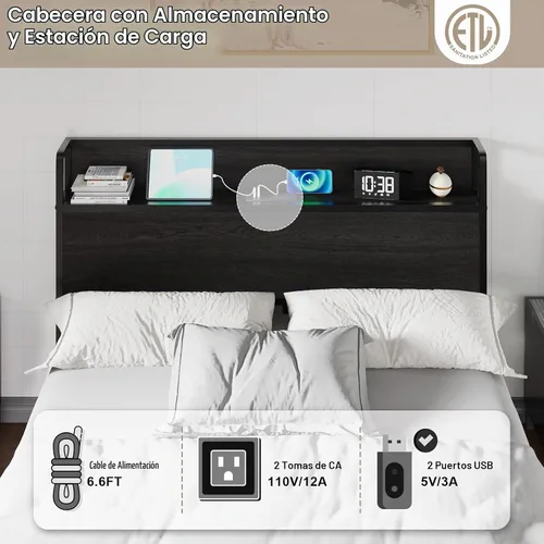 Vista 6 de AMERLIFE - Marco de cama de almacenamiento elevable de tamaño completo con estación de carga