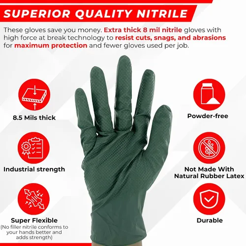 Vista 2 de Guantes industriales de nitrilo de 2 capas de 8.5 milésimas de pulgada de grosor, desechables, resistentes a desgarros, textura de diamante elevado