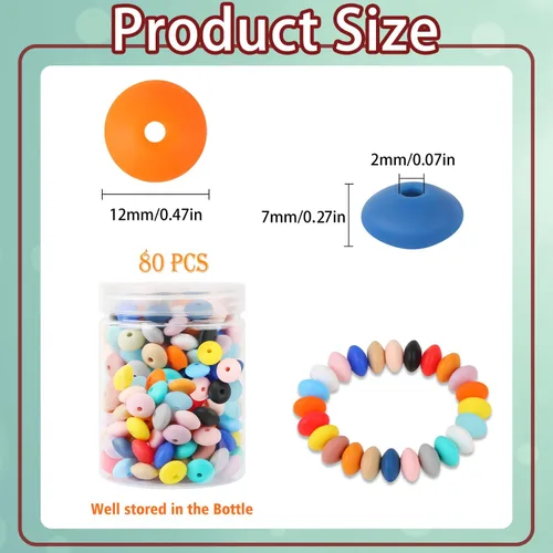Vista 2 de 80 cuentas de ábaco de silicona, cuentas focales de silicona coloridas de 0.472 pulgadas para bolígrafos, cuentas en forma de platillo de lentejas a