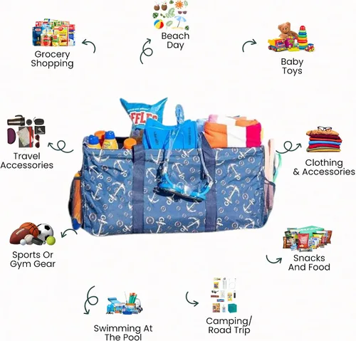 Vista 3 de Bolsa de utilidad extragrande Lucazzi - Cesta de lona rectangular plegable reutilizable con marco de alambre con dos bolsillos exteriores