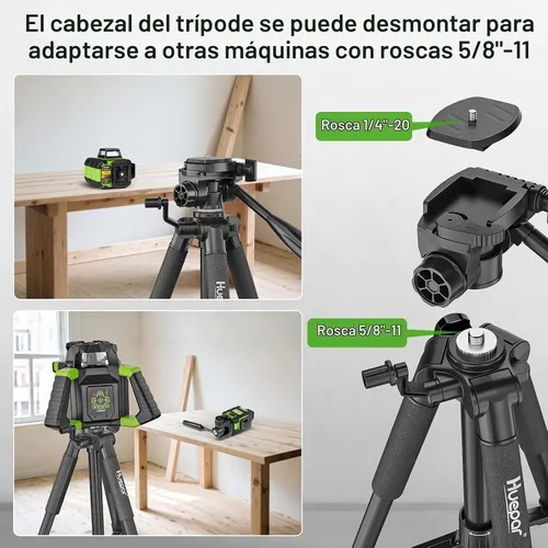 Vista 8 de Huepar Trípode extensible de 50 pulgadas con rosca de 1/4" y 5/8" para uso con nivel láser, láseres de punto, medidores de distancia láser