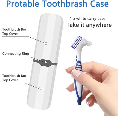 Vista 3 de Cepillo de dentadura postiza, 2 piezas de cepillo de dientes falsos con estuche de transporte blanco, cerdas multicapa naranja y azul con mango