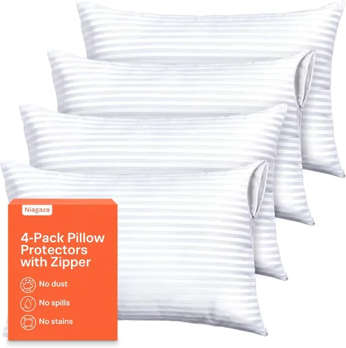 Vista 21 de Juego de 4 fundas de almohada ultrasuaves con cremallera tamaño Queen, 100% protección contra manchas, polvo y suciedad, lavables a máquina (beige)