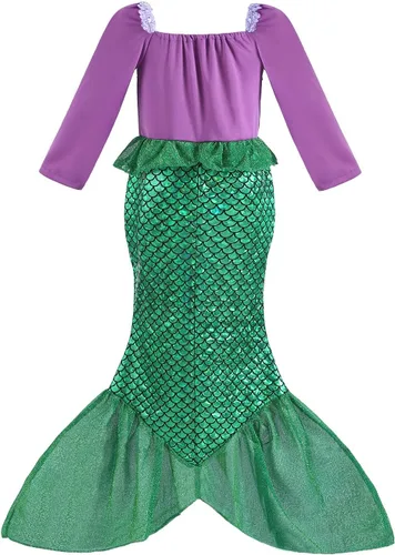 Vista 3 de Disfraz de sirena Ariel para niñas, disfraz de Halloween, cosplay, fiesta de cumpleaños con diadema, peluca, collar