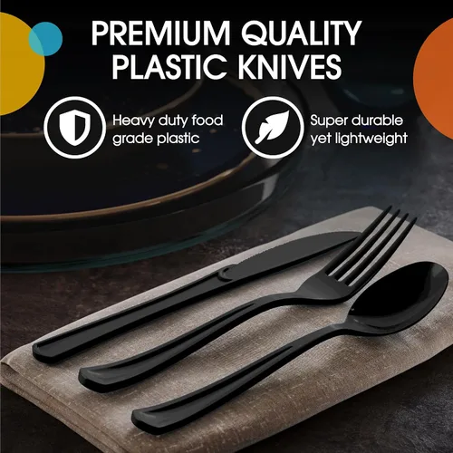Vista 4 de Exquisite Cuchillos de plástico negro, 50 piezas, cuchillos negros, utensilios desechables, juego de cubiertos de plástico resistente