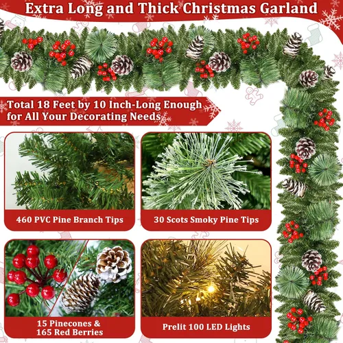 Vista 3 de Control remoto – Guirnalda de Navidad preiluminada de 18 pies de largo para exteriores, 100 luces blancas cálidas y coloridas, temporizador, 12